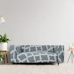 HOUSE OF QUIRK Grey & Blue Geometric Printed 2 Seater Stretchable Sofa Covers image 1