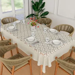Kuber Industries Cream-Coloured Floral Printed Anti-Skid Cotton 6-Seater Table Cover image 1