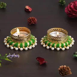 eCraftIndia Green & Gold-Toned 2 Pieces Textured Round Metal Tea Light Candle Holders-image-80