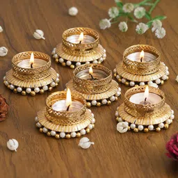 eCraftIndia Gold Toned & White 6 Pieces Textured Round Shaped Metal Candle Holders-picture-37
