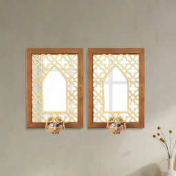 Art Street Set Of 2 Block Design Tealight Candle Holders With Wooden Framed Wall Mirror-image-67
