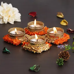 eCraftIndia Orange & Gold Toned 4 Pcs Candle Holder-picture-16