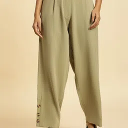 W Women Green Straight Fit Pleated Parallel Trousers-image-2