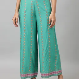 W Women Green Ethnic Motifs Printed Trousers-image-45