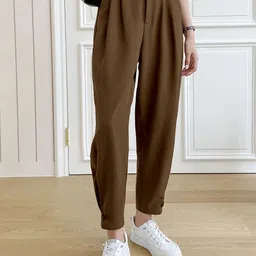AAHWAN Women Relaxed Straight Fit High-Rise Pleated Trousers-picture-17
