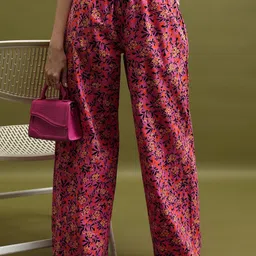 Tokyo Talkies Pink & Black Women Floral Printed Cotton Parallel Trousers-image-50