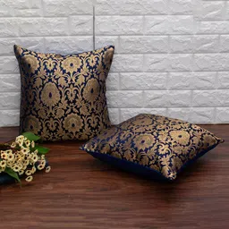 RoyalDeco Navy Blue & Gold Toned 2 Pieces Ethnic Banarasi Brocade Silk Cushion Covers-image-23
