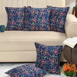 CLIO'S HERITAGE STORE Navy Blue 5 Pieces Floral Printed Pure Cotton Square Cushion Covers-image-16