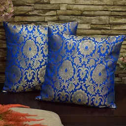 RoyalDeco 2 Pcs Turquoise Blue Ethnic Motifs Banarasi Brocade Silk Square Cushion Covers-image-5
