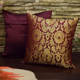 RoyalDeco Burgundy 2 Pcs Ethnic Motifs Banarasi Brocade Silk Square Cushion Covers-image-26