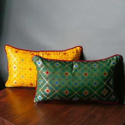 RoyalDeco Green & Yellow 2 Pieces Geometric Brocade Rectangle Cushion Covers-image-77