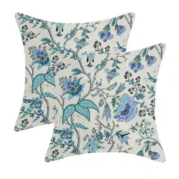 INDHOME LIFE White & Blue Set of 2 Cotton Reversible Floral Square Cushion Covers image 1