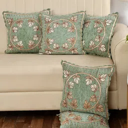 MULTITEX Green & Gold-Toned 5 Pieces Floral Cotton Square Cushion Covers-picture-14