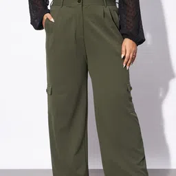 SASSAFRAS Curve Women Plus Size Olive Green Straight Fit Pleated-Front Cargos Trousers-picture-41