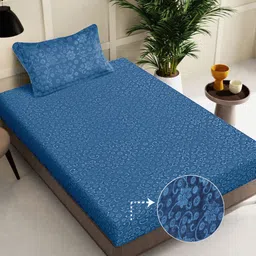 FABINALIV Blue Floral 300 TC Woollen Embossed Single Bedsheet with Pillow Cover-image-84