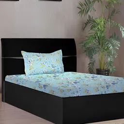 Stylista Blue Floral Printed Cotton 400 TC Fitted Single Bedsheet with 1 Pillow Cover-image-62