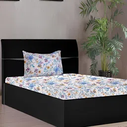 Stylista Blue Floral Cotton 400 TC Single Fitted Bedsheet with Pillow Cover-image-5