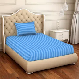 SPACES Skyrise Blue Striped Pure Cotton 210 TC Single Bedsheet with 1 Pillow Covers-image-84