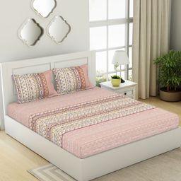 SPACES Gypsy Pink Geometric Pure Cotton 144 TC King Bedsheet with 2 Pillow Covers-picture-35