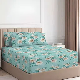 bsb home Green & Beige Floral Microfiber180 TC King Fitted Bedsheet with 2 Pillow Covers image 1