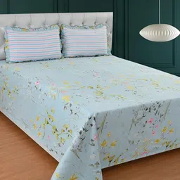 BREVARD Blue & Yellow Floral 210 TC King Bedsheet with 2 Pillow Covers-picture-22
