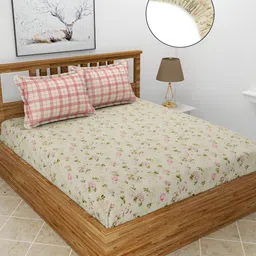 BREVARD Beige Floral Printed 210 TC Double King Fitted Bedsheet with 2 Pillow Covers-image-29