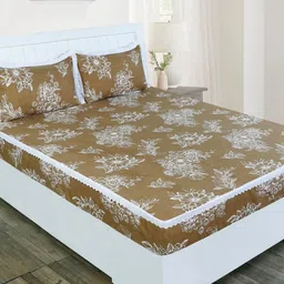 RD TREND Brown & White Printed 210 TC Cotton Fitted King Bedsheet with 2 Pillow Covers-picture-16
