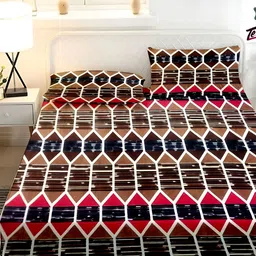 Temoli White & Brown Geometric 260 TC Woollen King Bedsheet with 2 Pillow Covers-picture-30