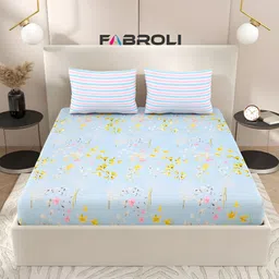 FABROLI Blue & Green Floral 300 TC King Bedsheet with 2 Pillow Covers 130 GSM-picture-28