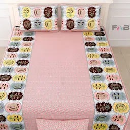 FABROLI Pink & Yellow Abstract Cotton 300 TC King Bedsheet with 2 Pillow Covers-picture-13