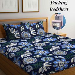 Arrabi Blue & White Floral 300 TC King Bedsheet with 2 Pillow Covers-picture-25