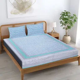 Wayne Martin Teal Blue & White Floral Cotton 240 TC King Bedsheet With 2 Pillow Covers-image-65