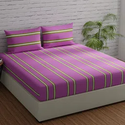 Huesland Pink & Green Striped 144 TC Cotton King Bedsheet With 2 Pillow Covers-image-65