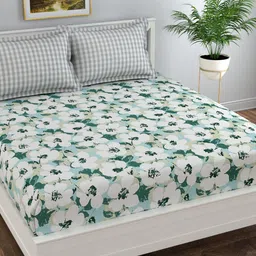 Florida White Green Floral 300 TC Cotton Queen Bedsheet With 2 Pillow Covers-image-72