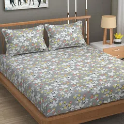 Aura Grey & White Floral 180 TC Queen Bedsheet With 2 Pillow Covers-image-82