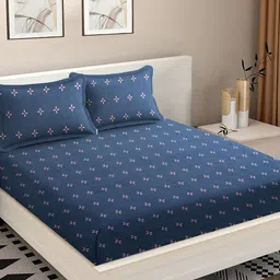 MODEFE Blue & Pink Printed Cotton 180 TC Queen Bedsheet with 2 Pillow Covers-image-33