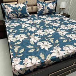 Pure Decor Amulya Blue Floral 240 TC Queen Bedsheet With 2 Pillow Covers-picture-24