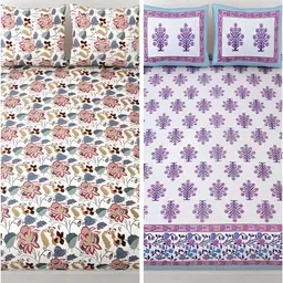 Runjhun White & Blue Floral Cotton 2 King Bedsheet with 4 Pillow Covers-picture-24