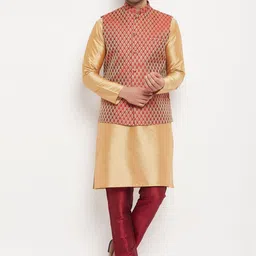 VASTRAMAY Mandarin Collar Kurta with Pyjamas With Woven Design Nehru Jacket-picture-42