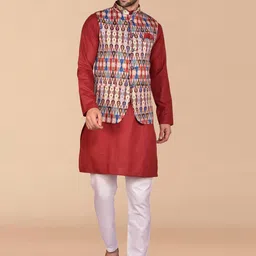 PRINTCULTR Band Collar Pure Cotton Straight Kurta With Trouser & Nehru Jacket-picture-33