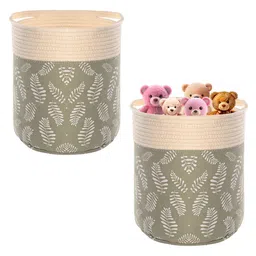 Kuber Industries Green & White 2 Pieces Leaves Printed Tote Basket Organisers With Handles image 5