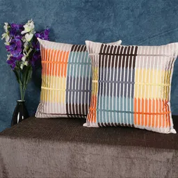 SHADES of LIFE Blue & Orange Set of 2 Embroidered Square Cushion Covers image 2