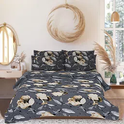 INDHOME LIFE Grey & White Floral 210 TC King Bedsheet with 2 Pillow Covers image 2