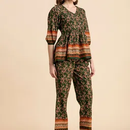 Moomaya Floral Printed V-Neck Pure Cotton Top With Trouser image 3