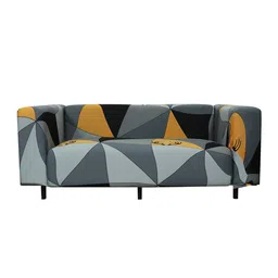 HOUSE OF QUIRK Grey & Orange Geometric Printed 3 Seater Stretchable Sofa Covers image 3