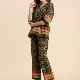 Moomaya Floral Printed V-Neck Pure Cotton Top With Trouser image 4