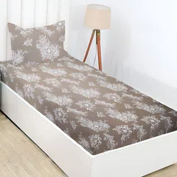 RD TREND Brown Floral 210 TC Cotton Single Fitted Bedsheet with 1 Pillow Covers image 3