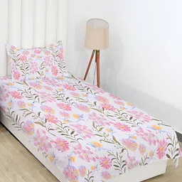 RD TREND White & Pink Floral Cotton 210 TC Single Bedsheet With 1 Pillow Cover image 4