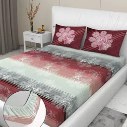 RD TREND Mroon & Green Printed 210 TC Pure Cotton Fitted King Bedsheet & 2 Pillow Covers image 4