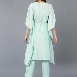 AHIKA Turquoise Blue Floral Printed V-Neck Flared Sleeves Kaftan Kurta With Trousers image 4